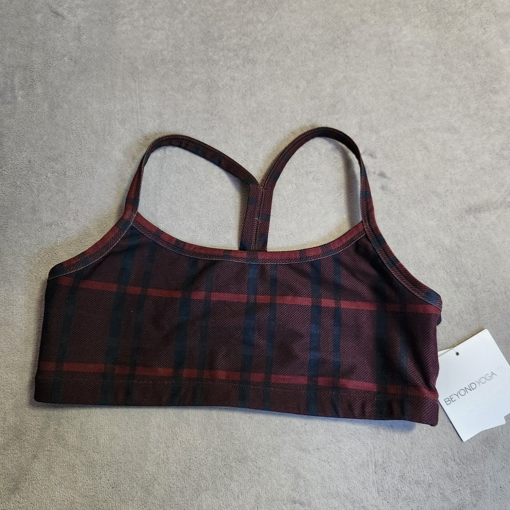 Beyond Yoga Soft Mark Slim Racerback Sports Bra Dark Cherry Prep Plaid Medium